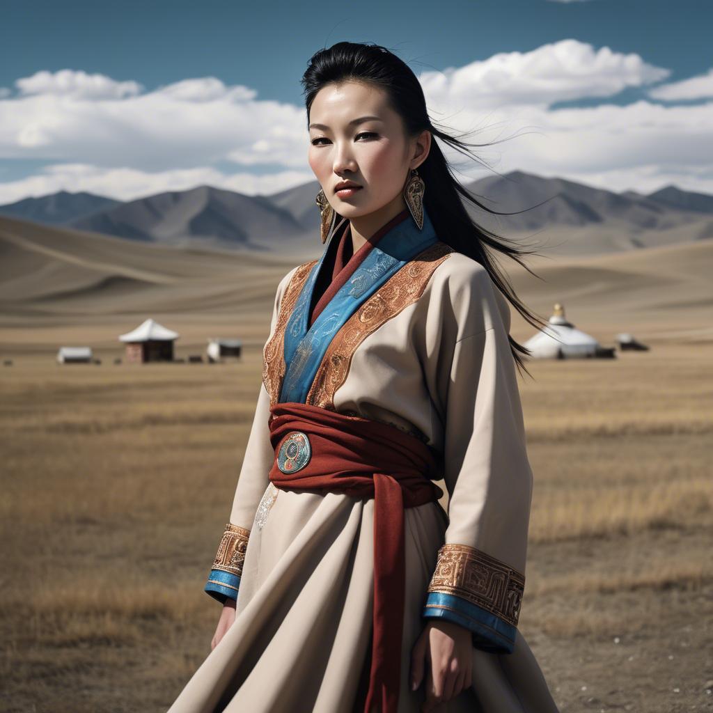 A stunning image of mongolian muse in a stylish deel photographed under vast open-sky landscapes.