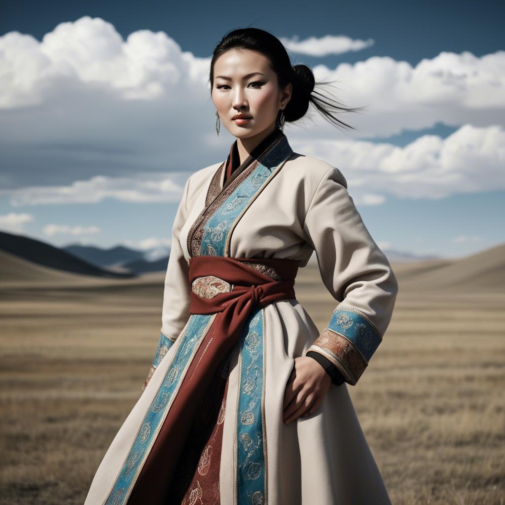 A stunning image of mongolian muse in a stylish deel photographed under vast open-sky landscapes.