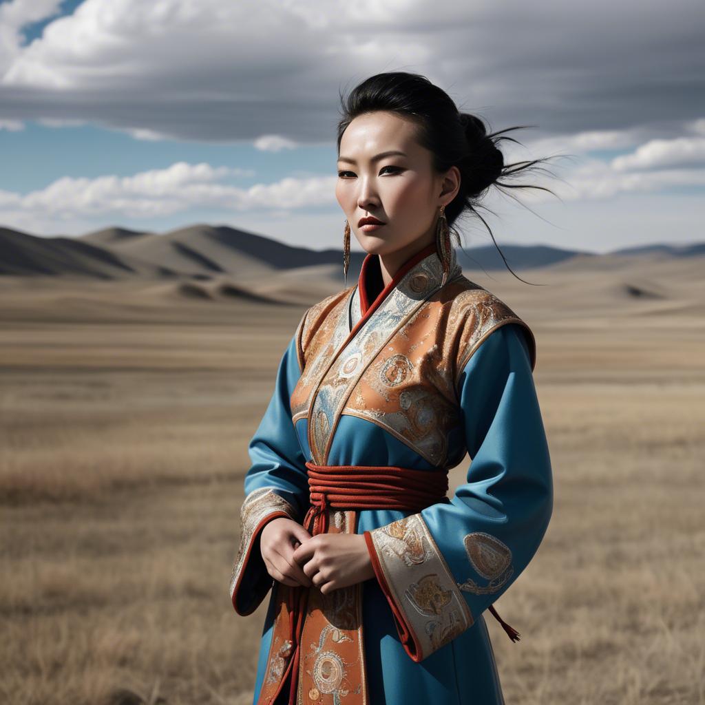 A stunning image of mongolian muse in a stylish deel photographed under vast open-sky landscapes.