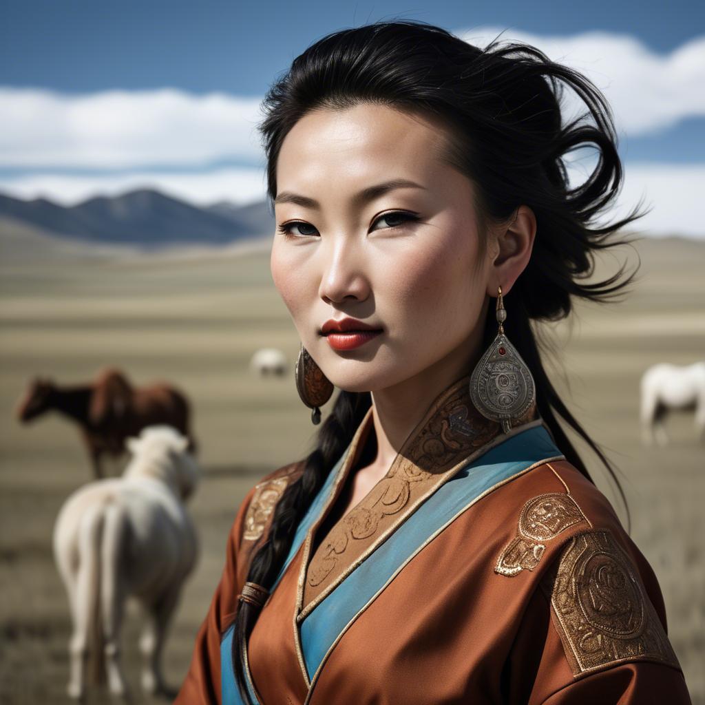 A stunning image of mongolian muse in a stylish deel photographed under vast open-sky landscapes.
