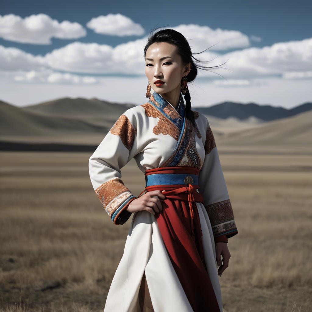 A stunning image of mongolian muse in a stylish deel photographed under vast open-sky landscapes.