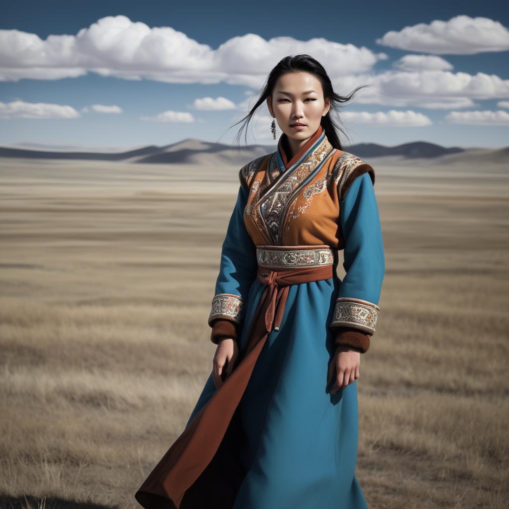 A stunning image of mongolian muse in a stylish deel photographed under vast open-sky landscapes.