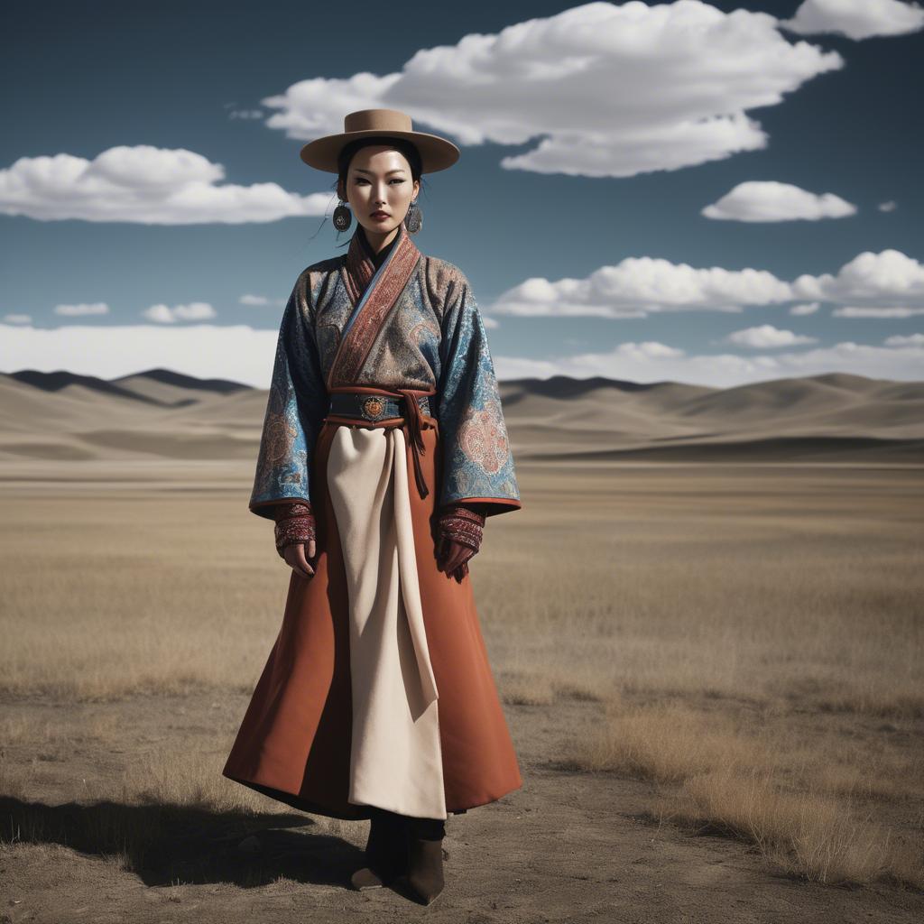 A stunning image of mongolian muse in a stylish deel photographed under vast open-sky landscapes.