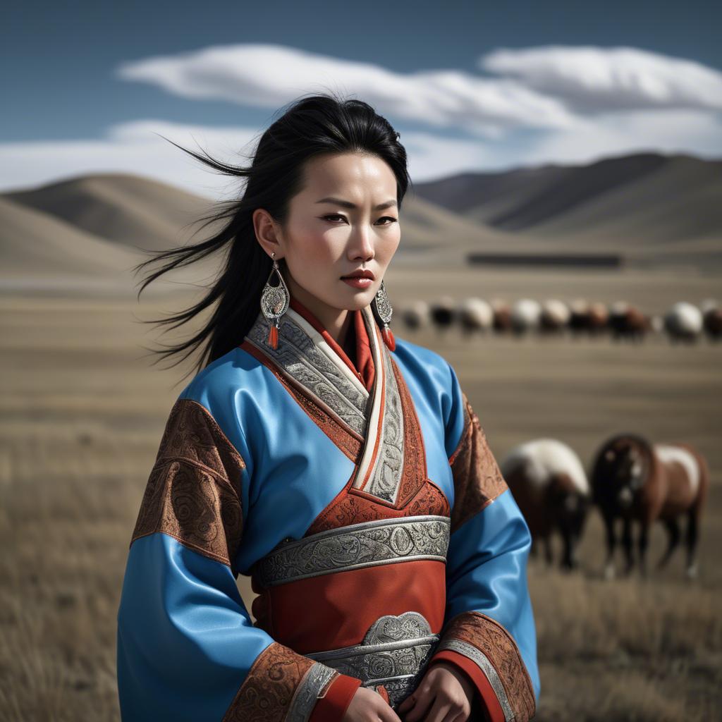 A stunning image of mongolian muse in a stylish deel photographed under vast open-sky landscapes.