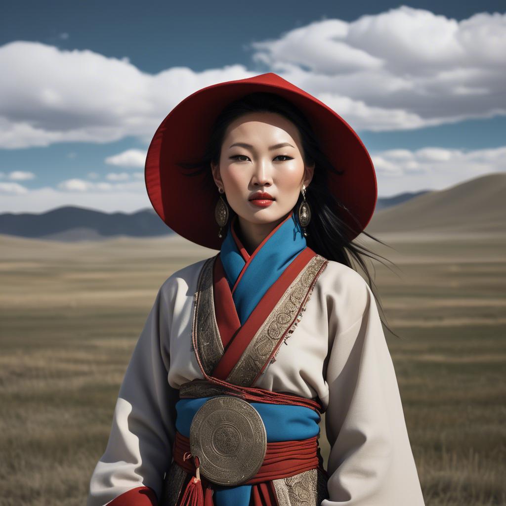 A stunning image of mongolian muse in a stylish deel photographed under vast open-sky landscapes.