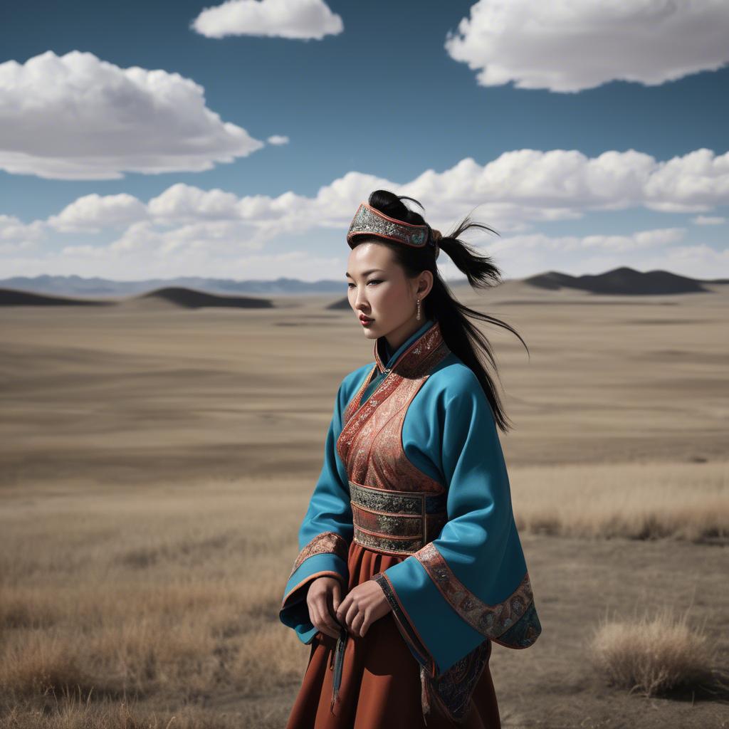 A stunning image of mongolian muse in a stylish deel photographed under vast open-sky landscapes.
