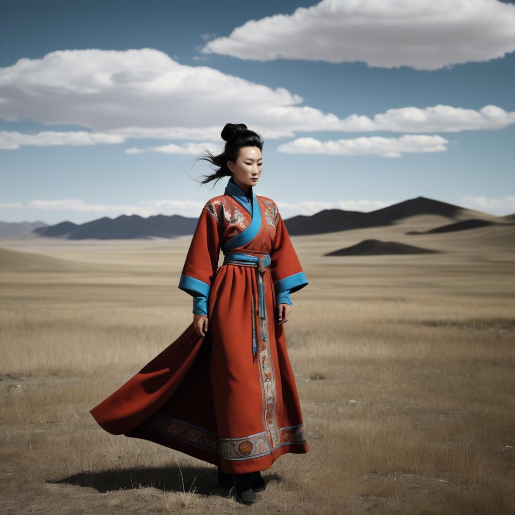 A stunning image of mongolian muse in a stylish deel photographed under vast open-sky landscapes.