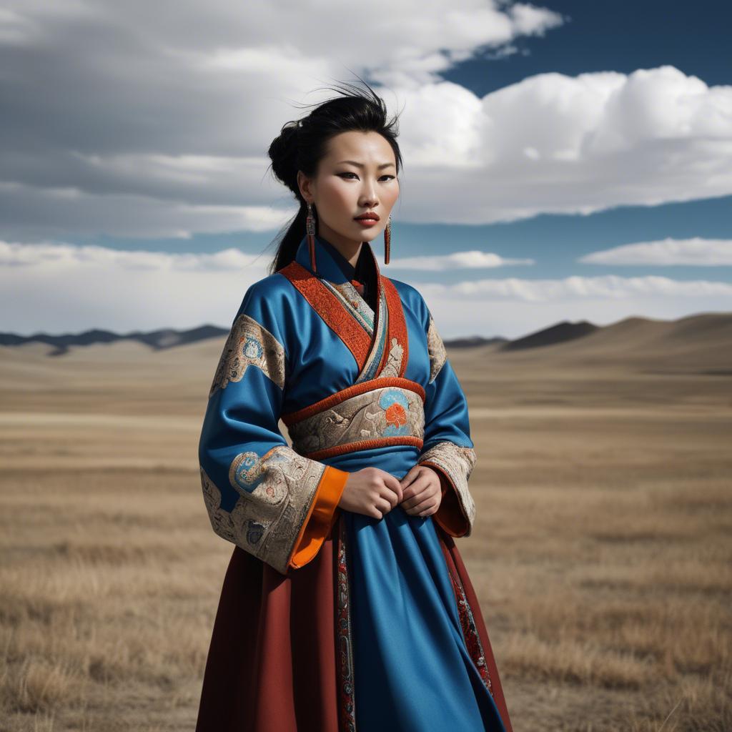 A stunning image of mongolian muse in a stylish deel photographed under vast open-sky landscapes.