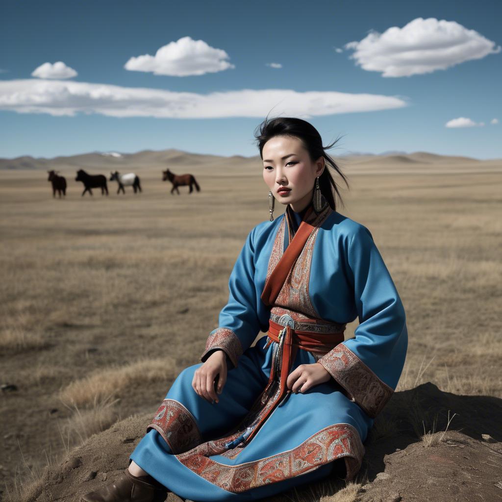 A stunning image of mongolian muse in a stylish deel photographed under vast open-sky landscapes.