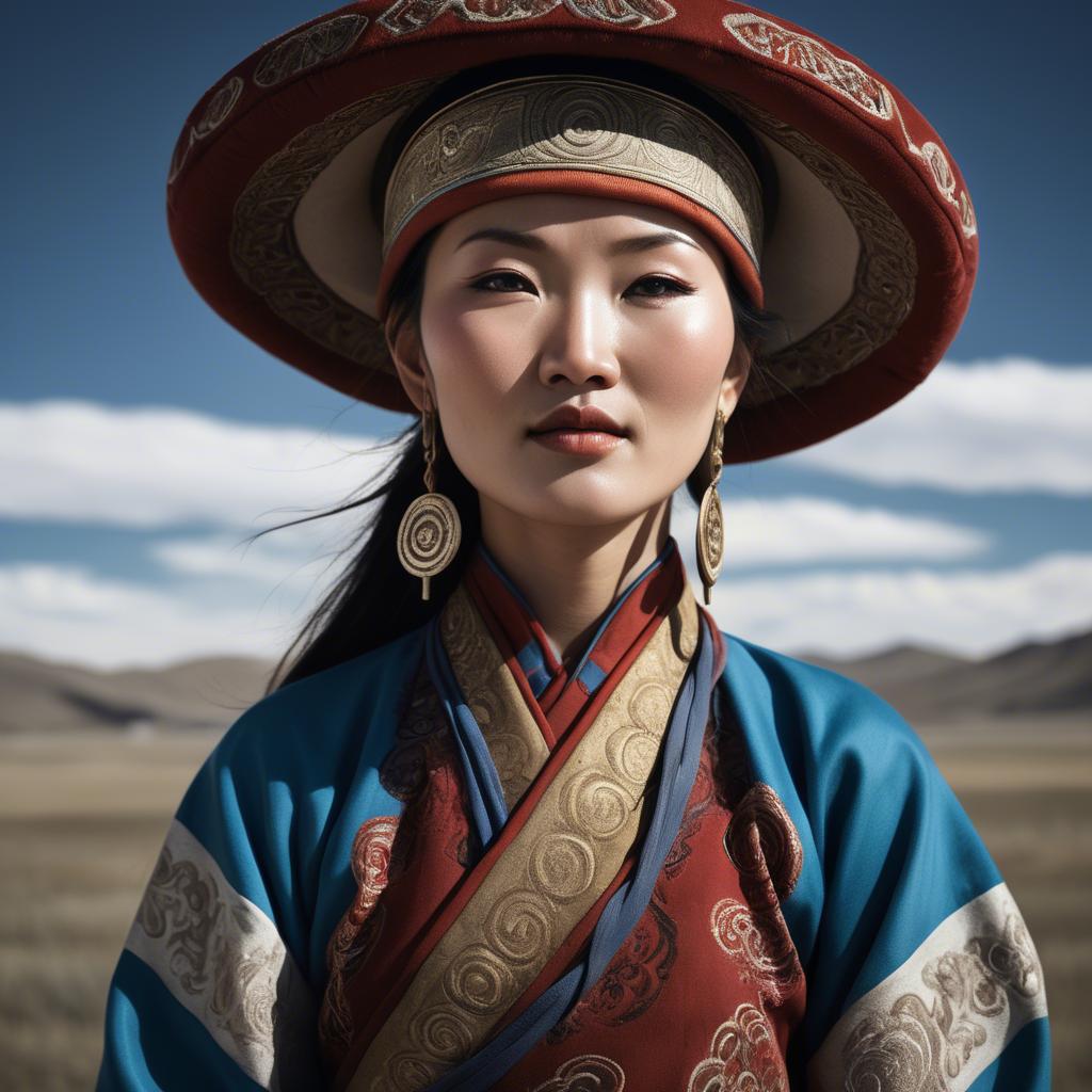 A stunning image of mongolian muse in a stylish deel photographed under vast open-sky landscapes.