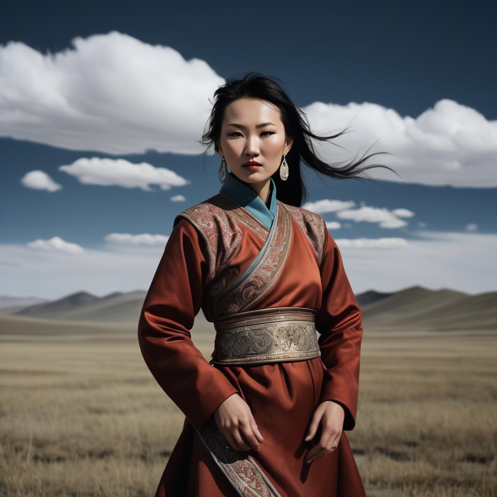 A stunning image of mongolian muse in a stylish deel photographed under vast open-sky landscapes.