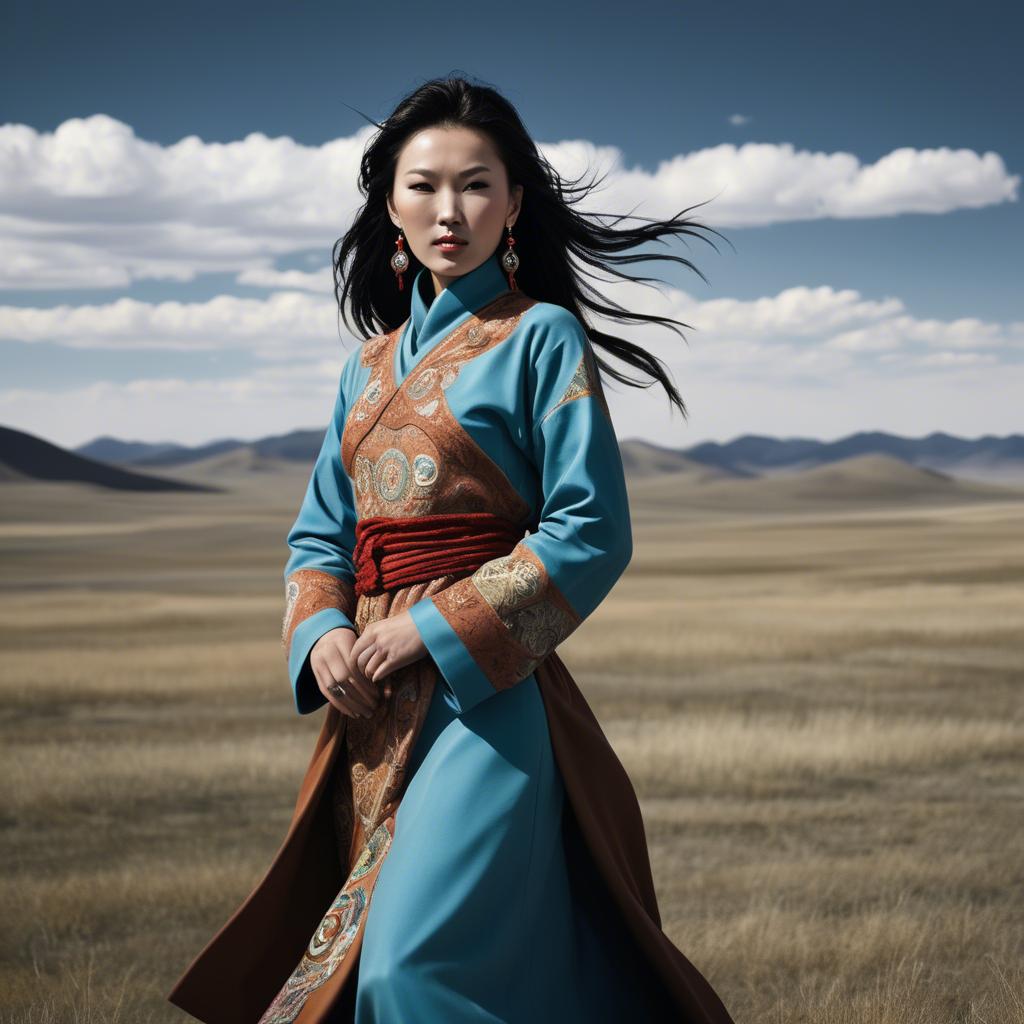 A stunning image of mongolian muse in a stylish deel photographed under vast open-sky landscapes.