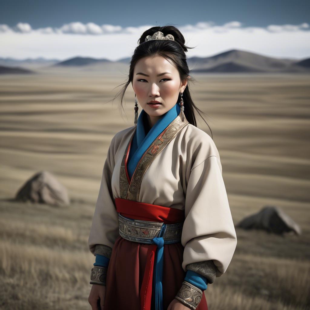 A stunning image of mongolian muse in a stylish deel photographed under vast open-sky landscapes.