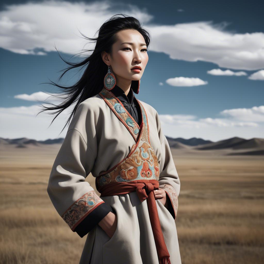 A stunning image of mongolian muse in a stylish deel photographed under vast open-sky landscapes.