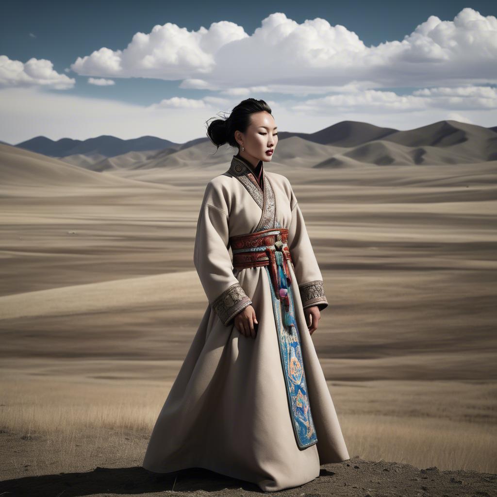 A stunning image of mongolian muse in a stylish deel photographed under vast open-sky landscapes.