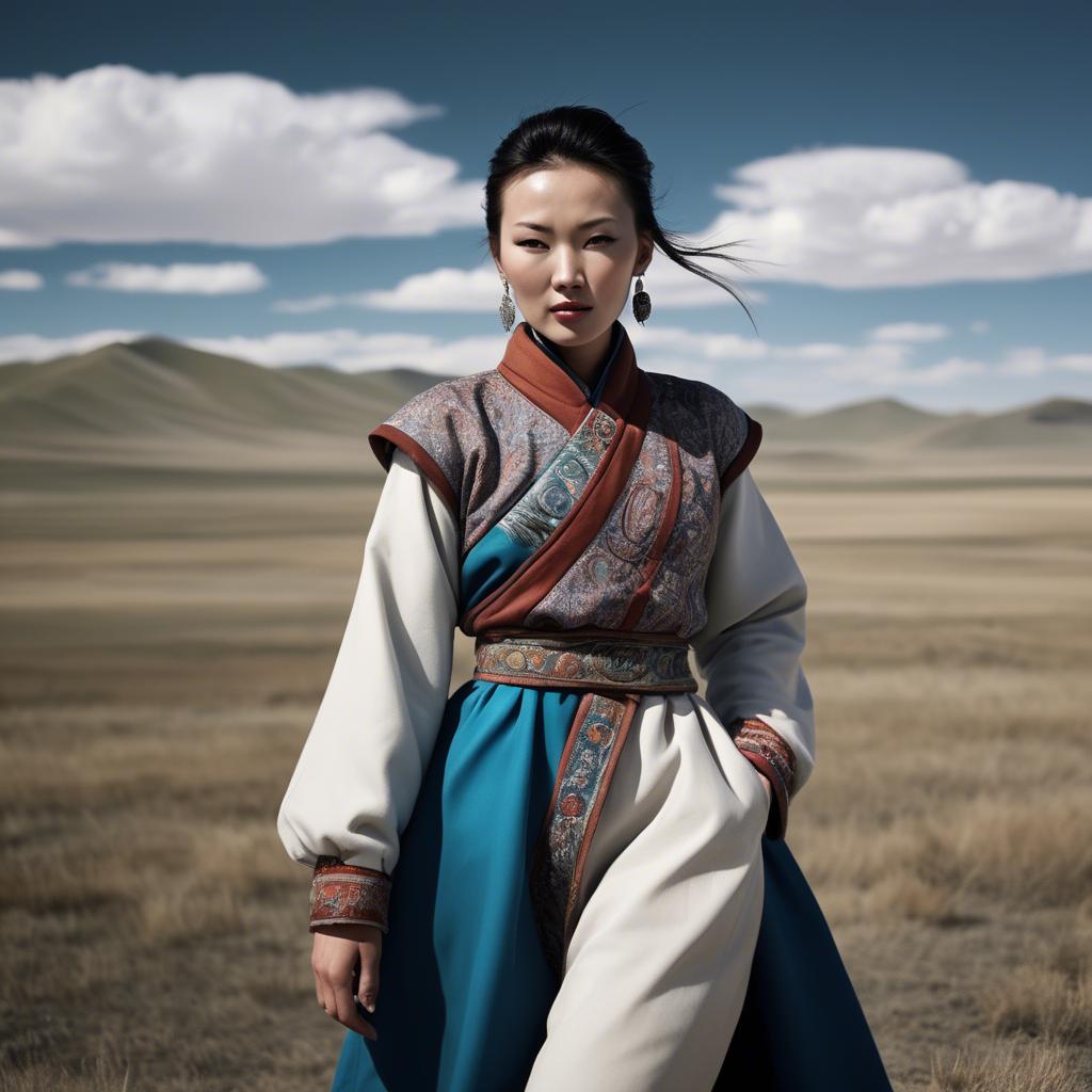 A stunning image of mongolian muse in a stylish deel photographed under vast open-sky landscapes.