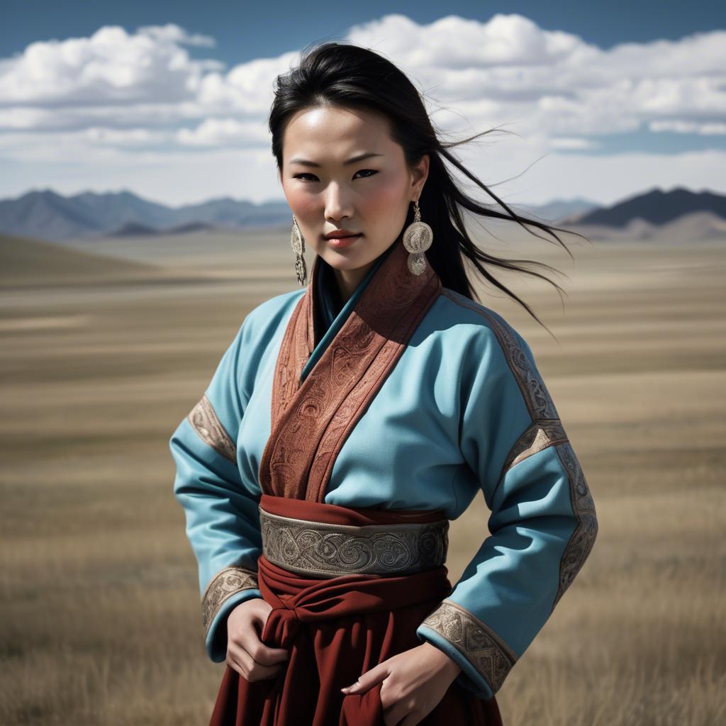 A stunning image of mongolian muse in a stylish deel photographed under vast open-sky landscapes.