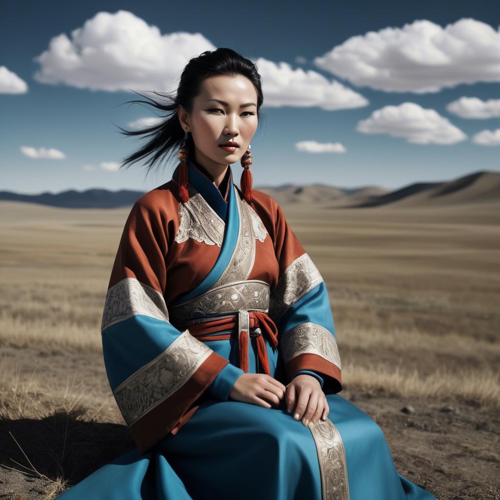 A stunning image of mongolian muse in a stylish deel photographed under vast open-sky landscapes.