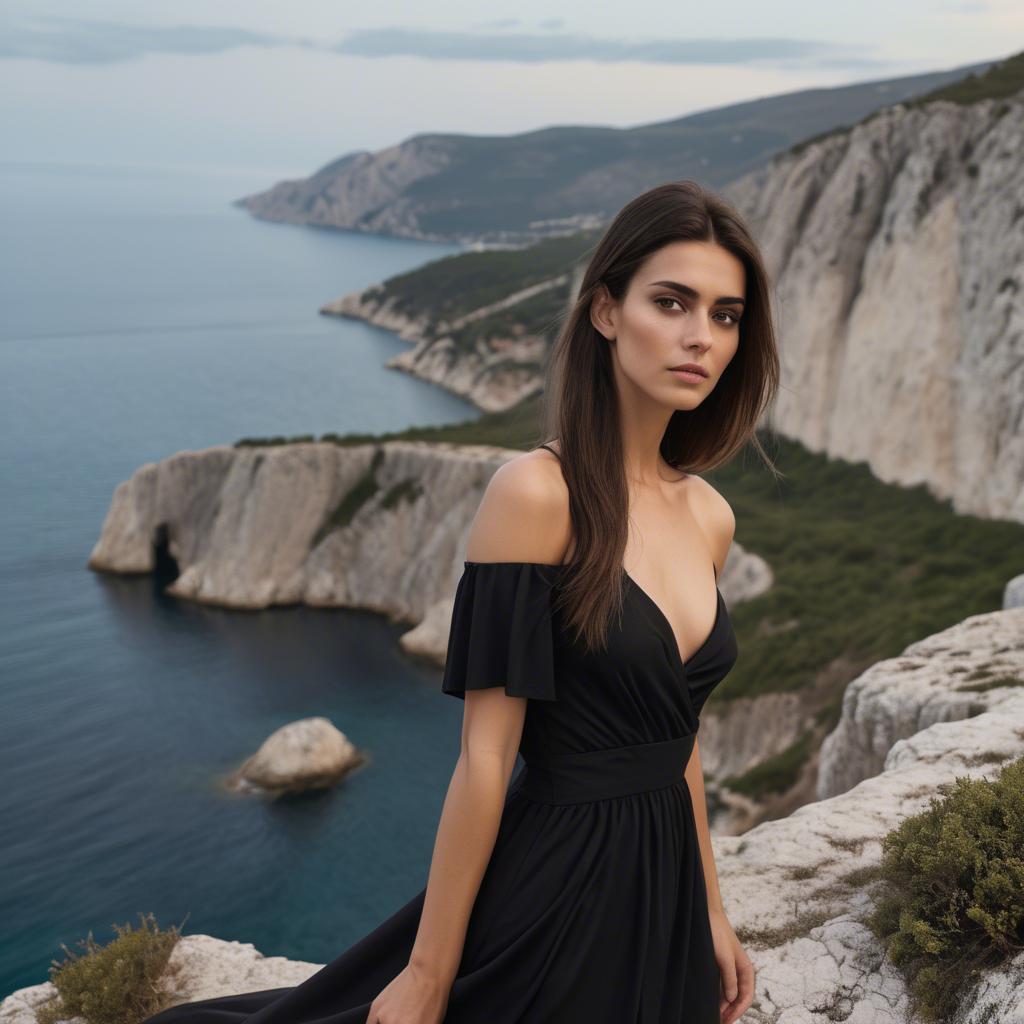A stunning image of montenegrin model in a structured black dress photographed near scenic coastal cliffs.