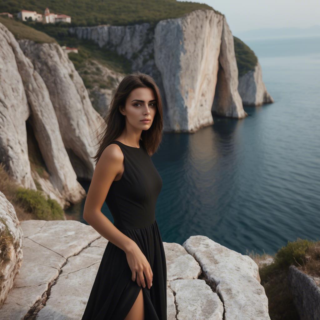 A stunning image of montenegrin model in a structured black dress photographed near scenic coastal cliffs.