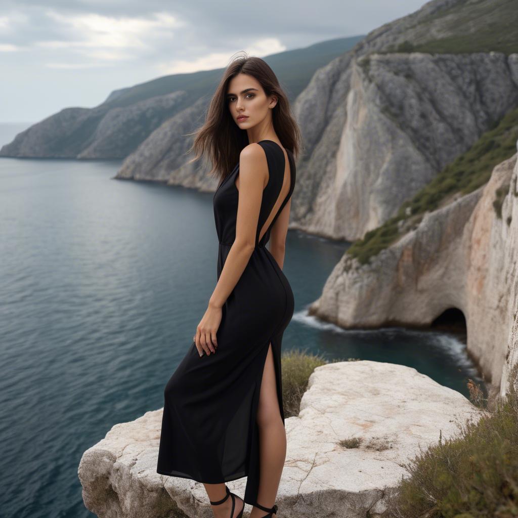 A stunning image of montenegrin model in a structured black dress photographed near scenic coastal cliffs.