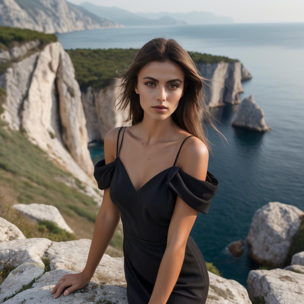A stunning image of montenegrin model in a structured black dress photographed near scenic coastal cliffs.