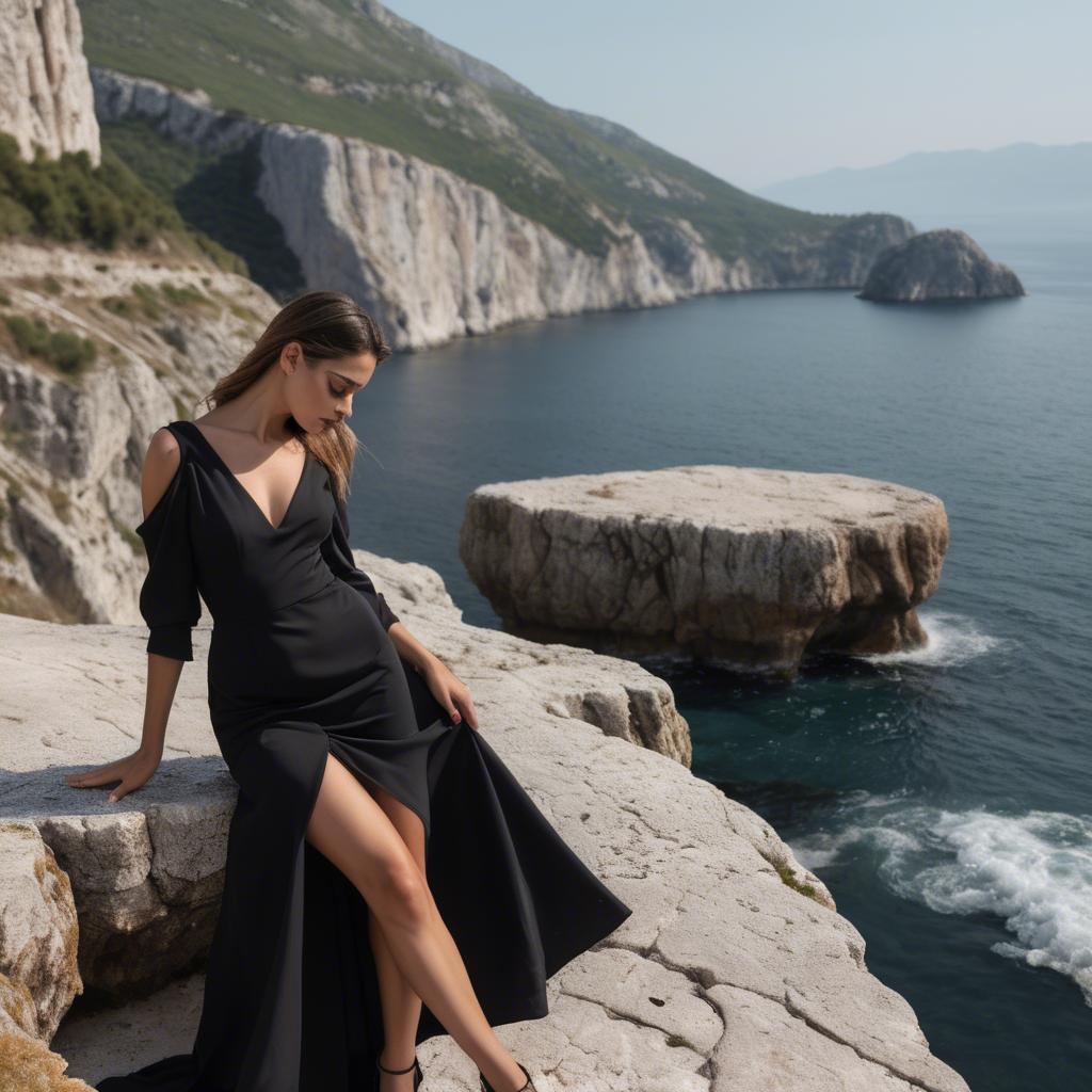 A stunning image of montenegrin model in a structured black dress photographed near scenic coastal cliffs.