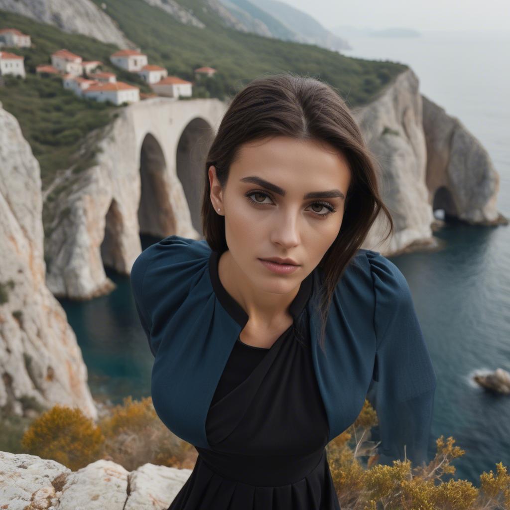 A stunning image of montenegrin model in a structured black dress photographed near scenic coastal cliffs.