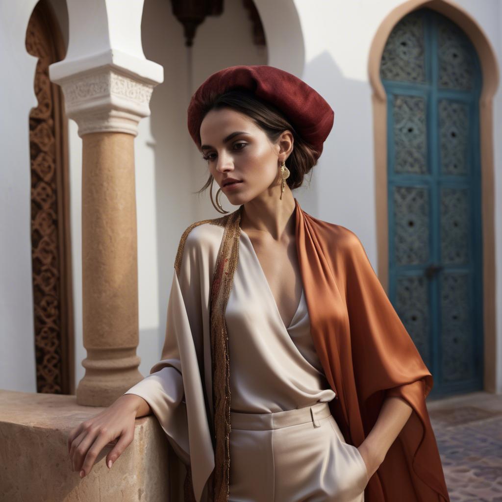 A stunning image of moroccan-spanish fusion in a silky layered outfit exuding mediterranean sensuality.