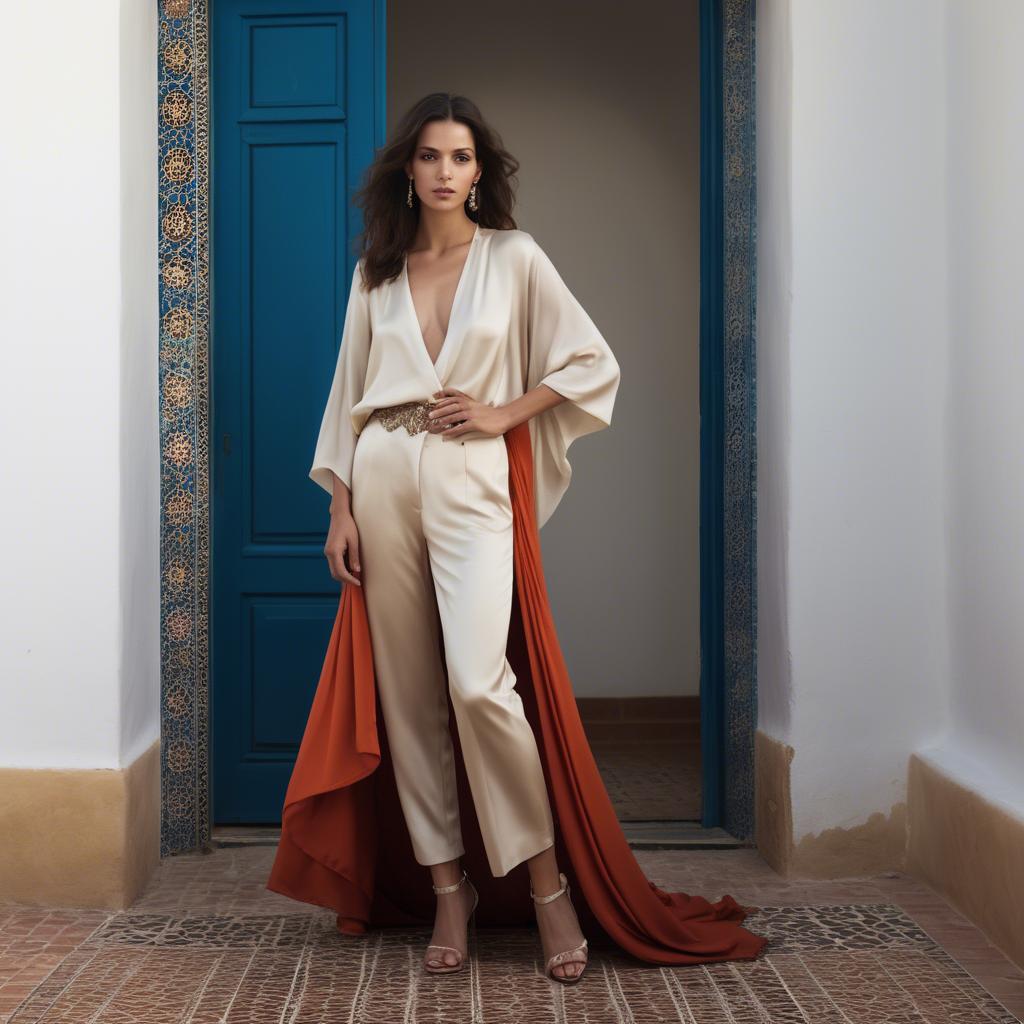A stunning image of moroccan-spanish fusion in a silky layered outfit exuding mediterranean sensuality.