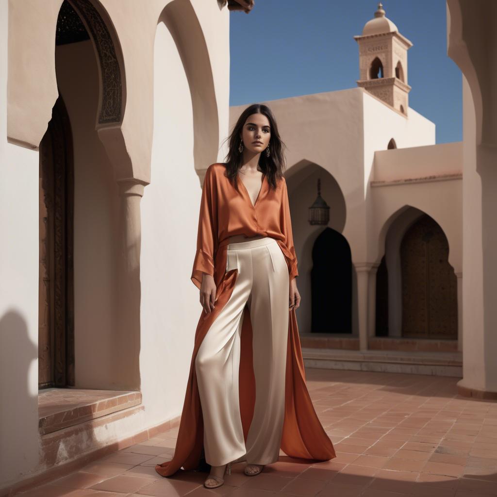 A stunning image of moroccan-spanish fusion in a silky layered outfit exuding mediterranean sensuality.