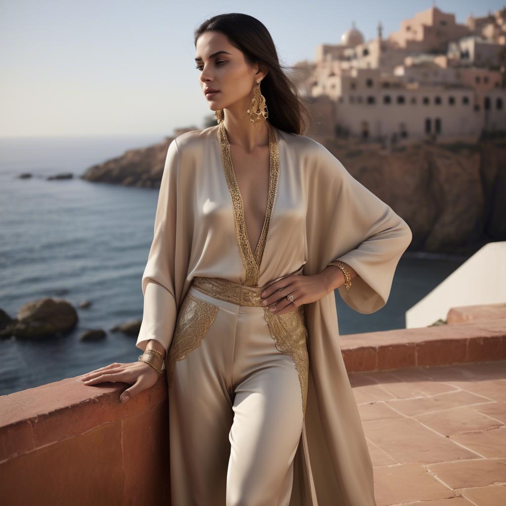 A stunning image of moroccan-spanish fusion in a silky layered outfit exuding mediterranean sensuality.