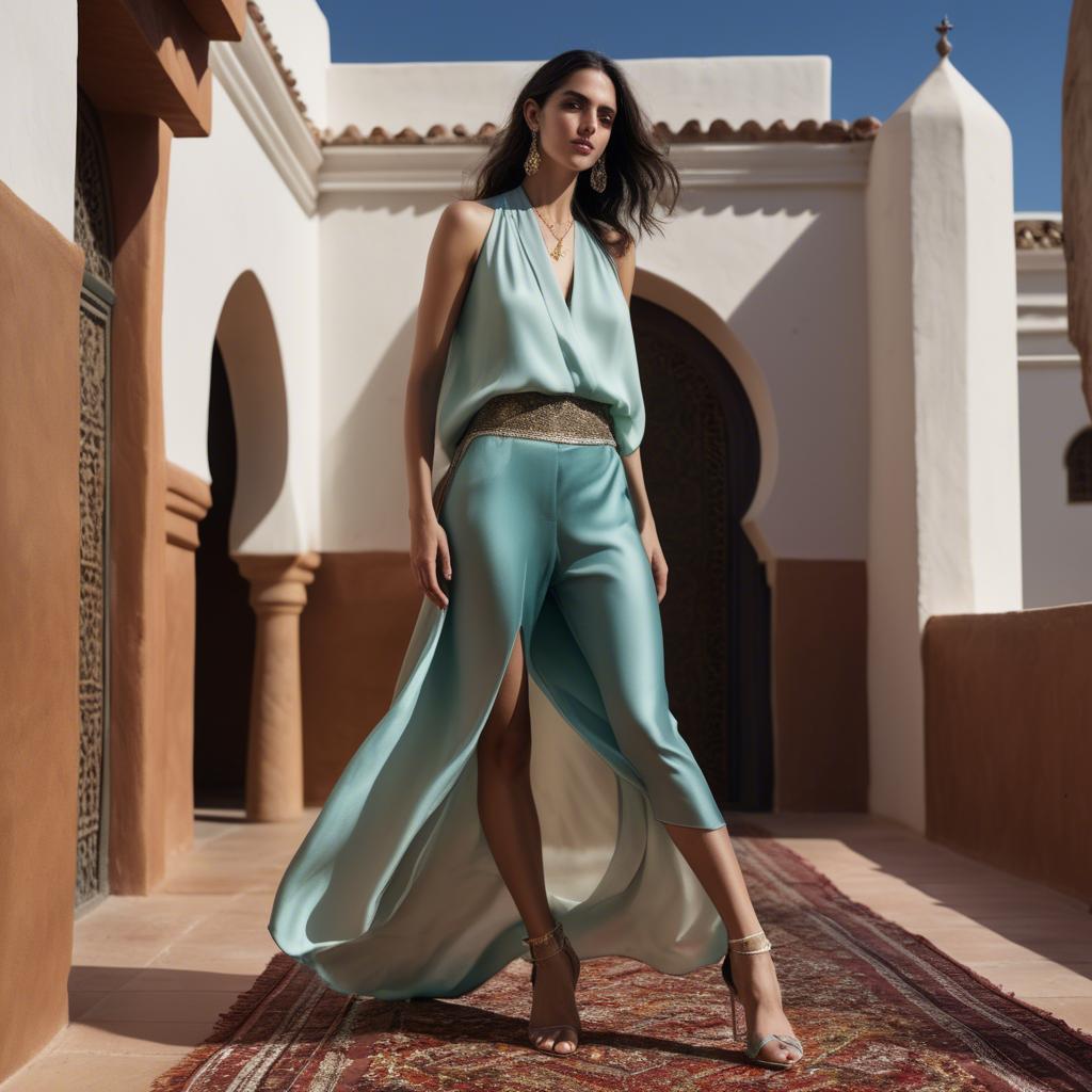 A stunning image of moroccan-spanish fusion in a silky layered outfit exuding mediterranean sensuality.