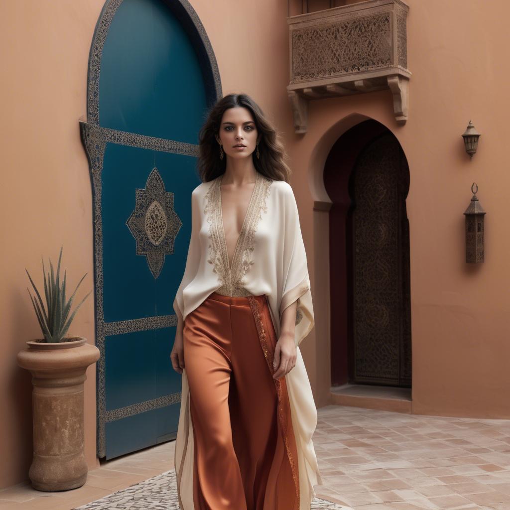 A stunning image of moroccan-spanish fusion in a silky layered outfit exuding mediterranean sensuality.