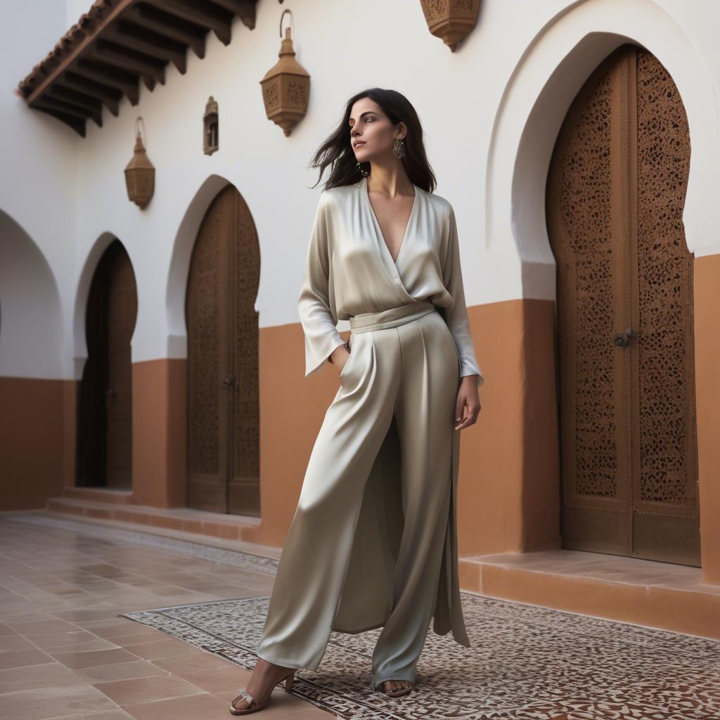 A stunning image of moroccan-spanish fusion in a silky layered outfit exuding mediterranean sensuality.