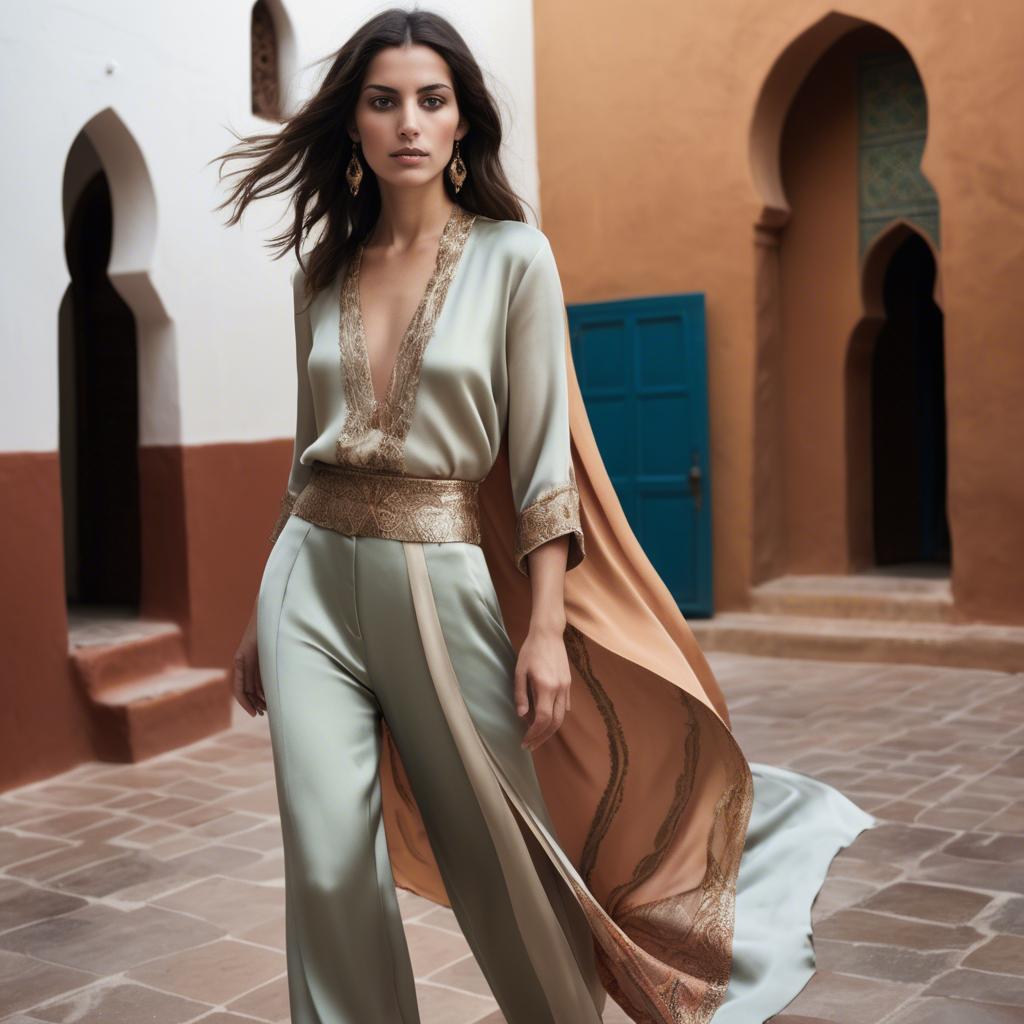 A stunning image of moroccan-spanish fusion in a silky layered outfit exuding mediterranean sensuality.