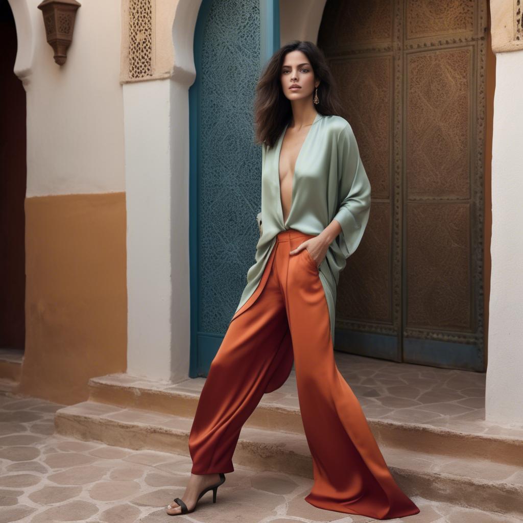A stunning image of moroccan-spanish fusion in a silky layered outfit exuding mediterranean sensuality.