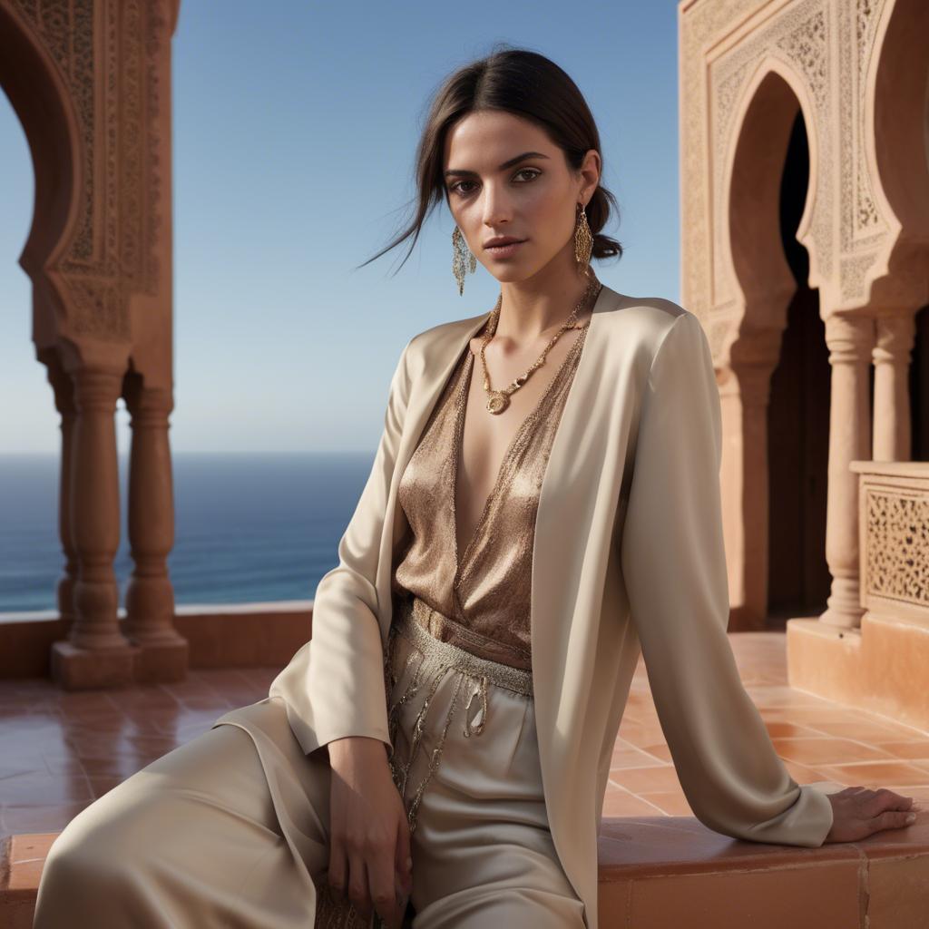 A stunning image of moroccan-spanish fusion in a silky layered outfit exuding mediterranean sensuality.