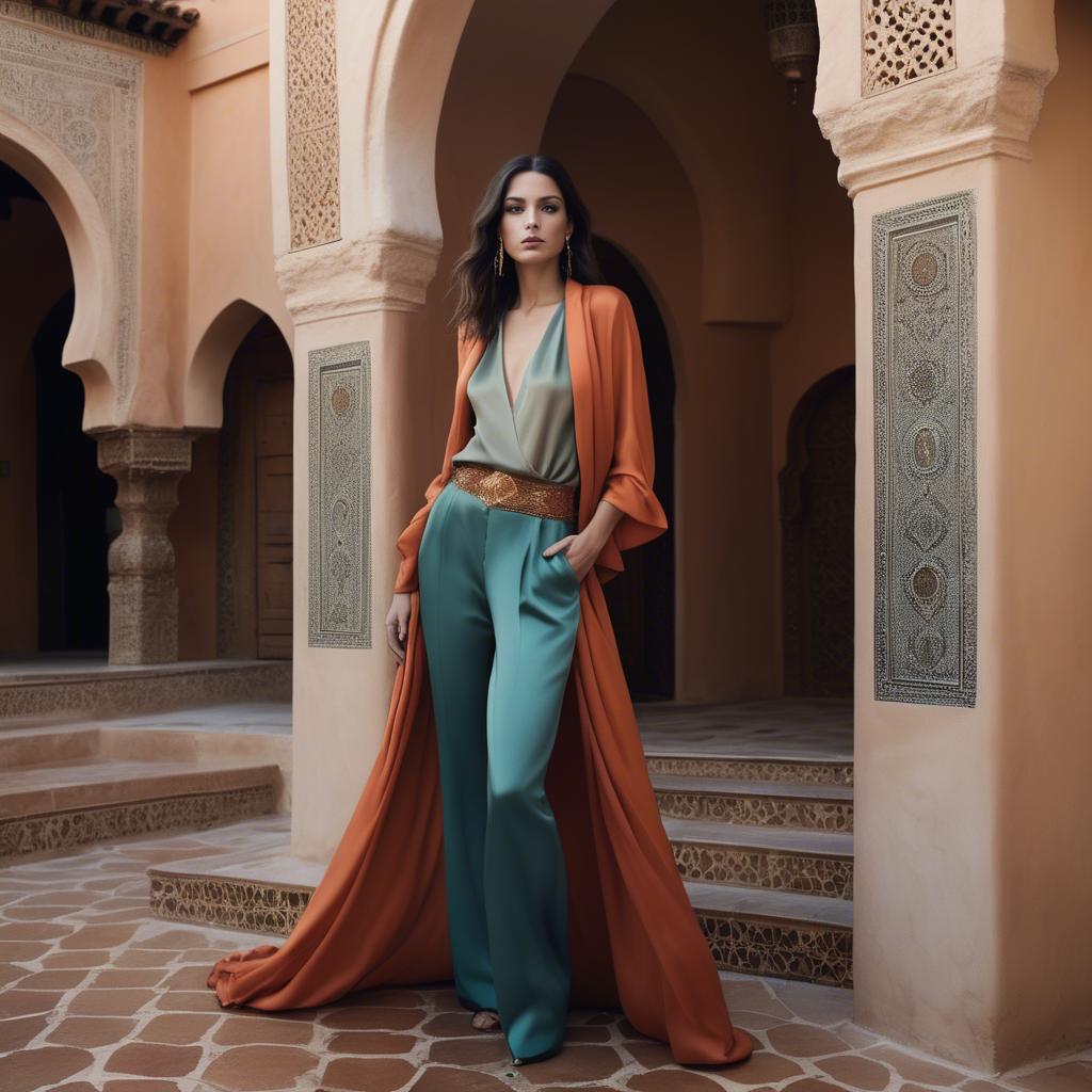 A stunning image of moroccan-spanish fusion in a silky layered outfit exuding mediterranean sensuality.