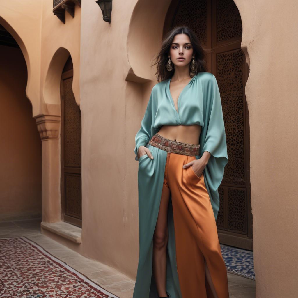 A stunning image of moroccan-spanish fusion in a silky layered outfit exuding mediterranean sensuality.