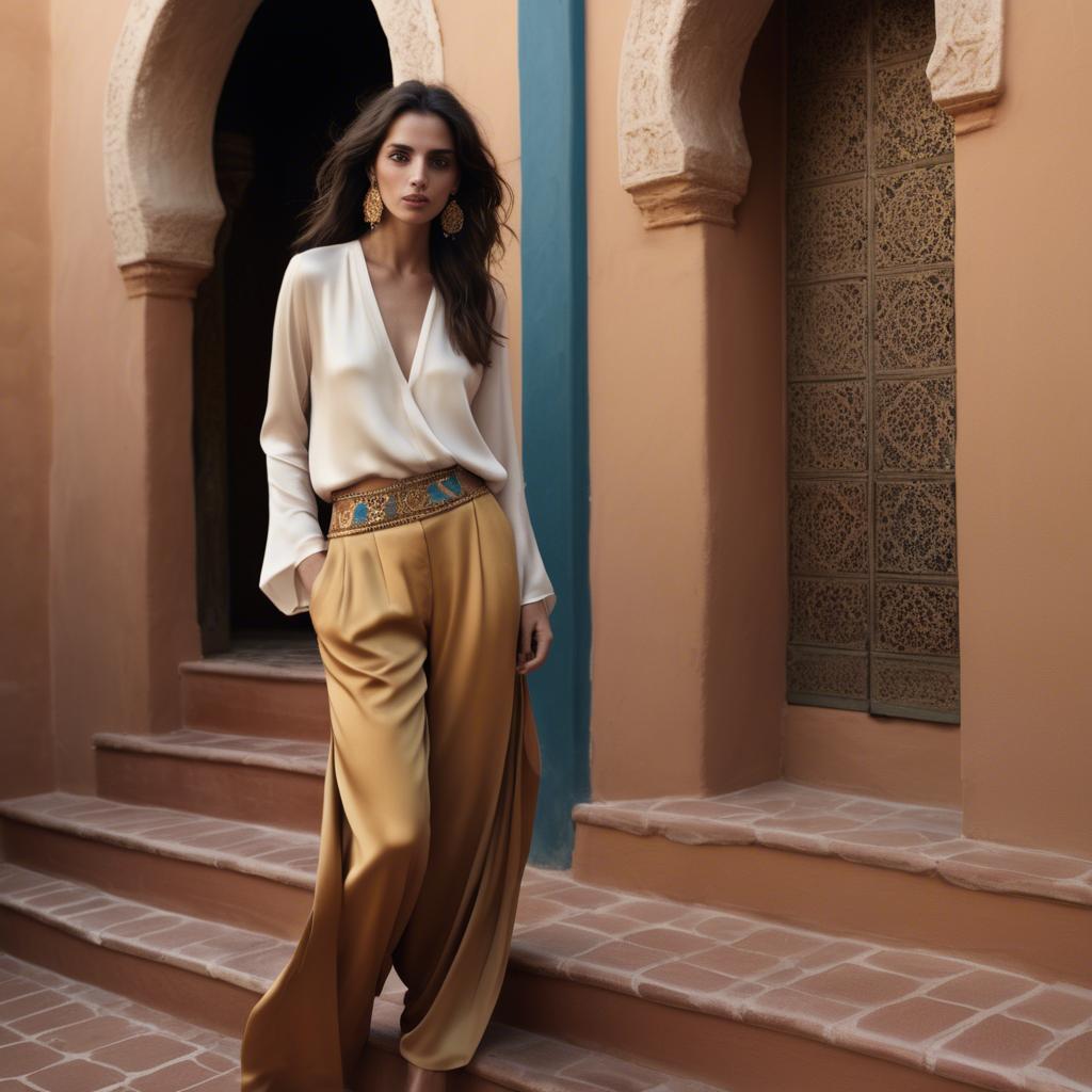 A stunning image of moroccan-spanish fusion in a silky layered outfit exuding mediterranean sensuality.