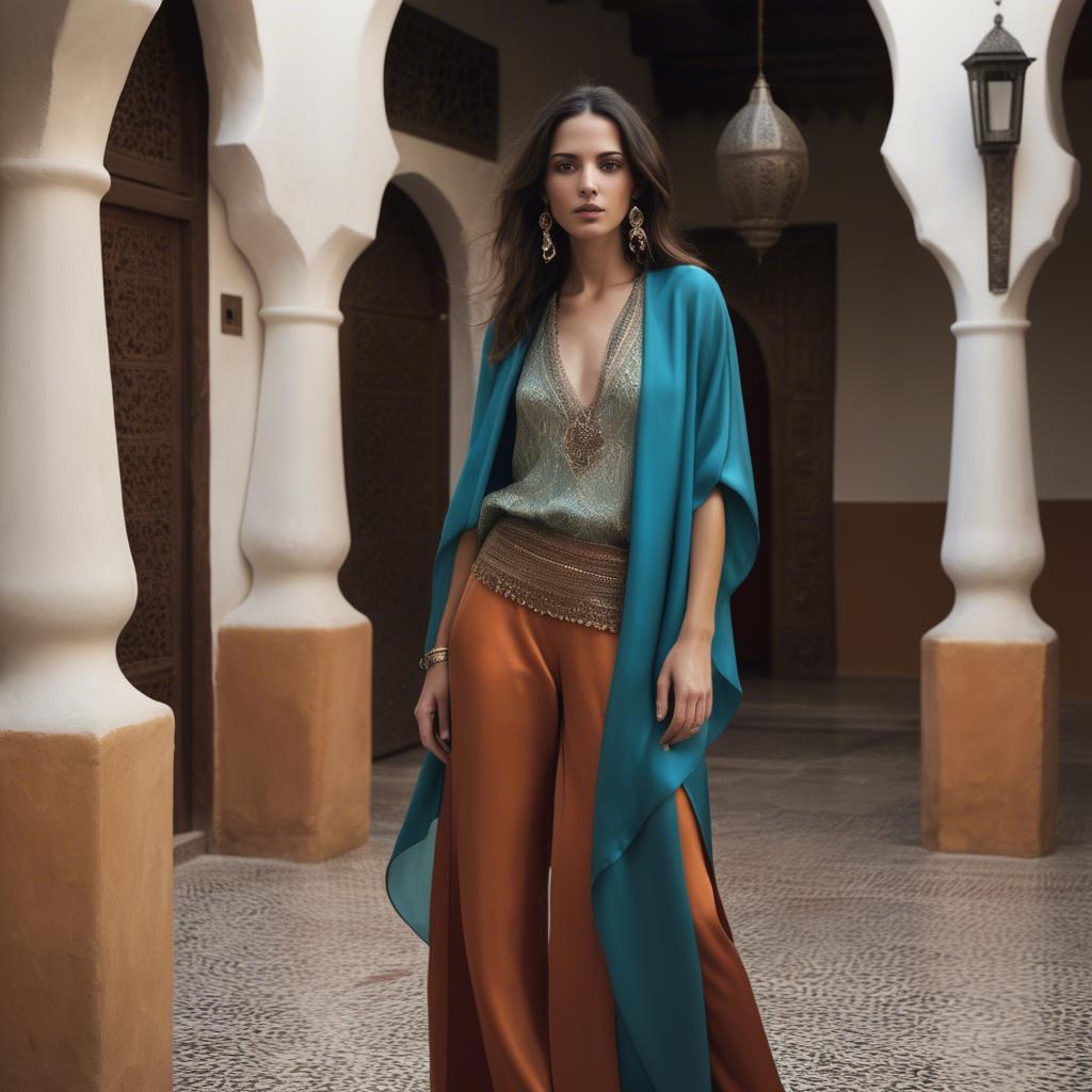 A stunning image of moroccan-spanish fusion in a silky layered outfit exuding mediterranean sensuality.