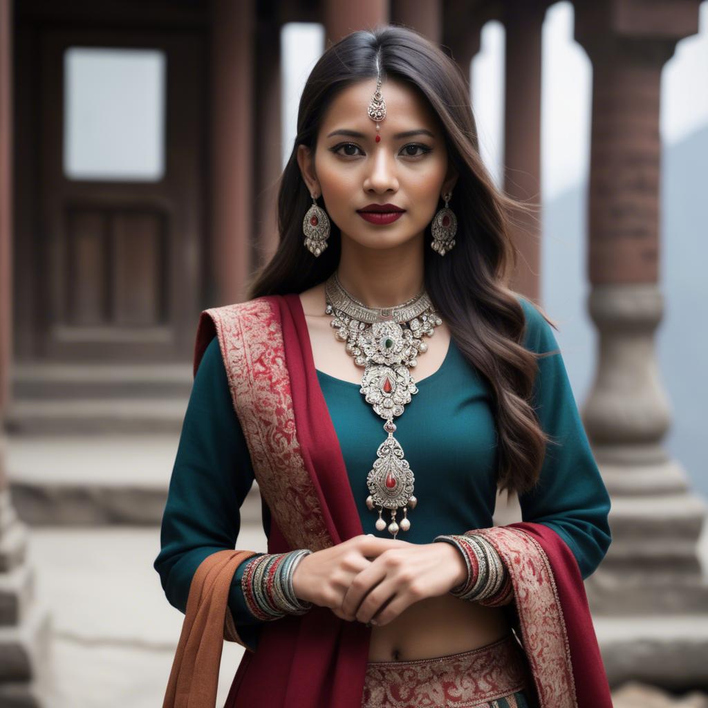 A stunning image of nepalese charm blending a modern dress with subtle himalayan cultural accents.