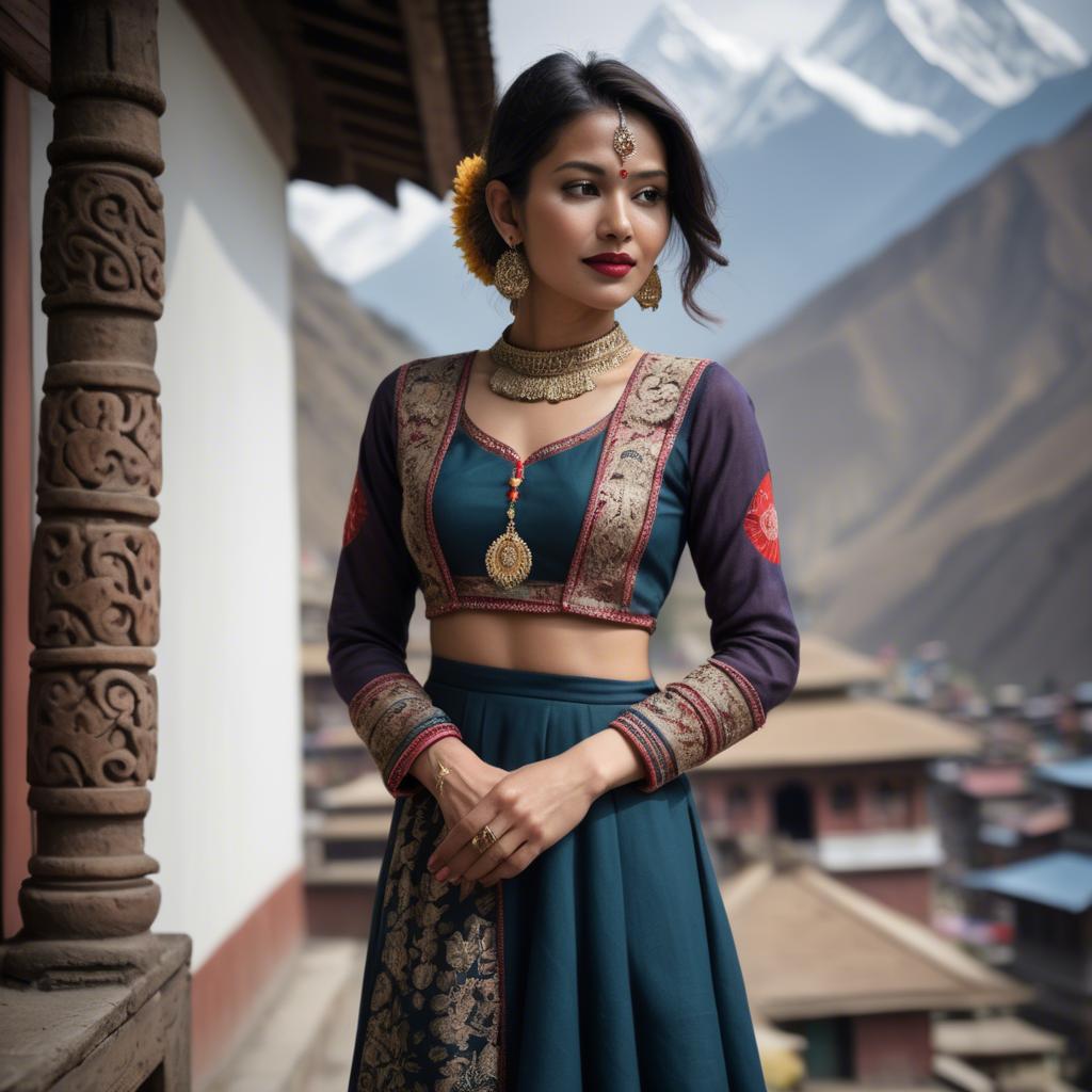 A stunning image of nepalese charm blending a modern dress with subtle himalayan cultural accents.