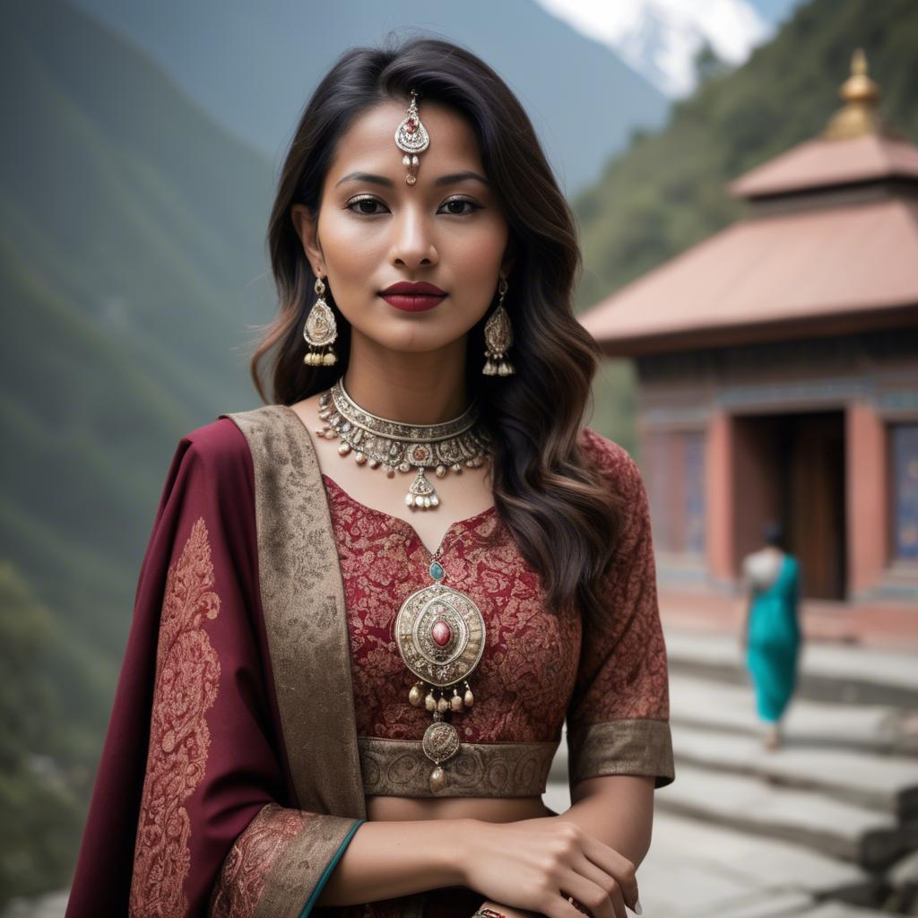 A stunning image of nepalese charm blending a modern dress with subtle himalayan cultural accents.