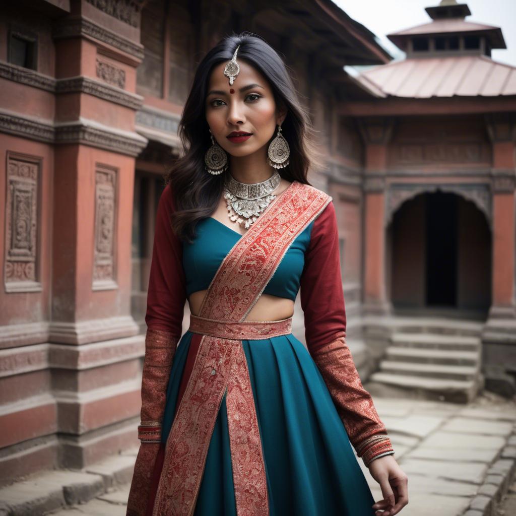 A stunning image of nepalese charm blending a modern dress with subtle himalayan cultural accents.