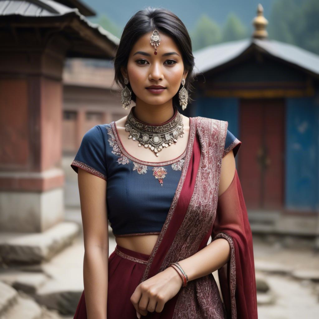A stunning image of nepalese charm blending a modern dress with subtle himalayan cultural accents.
