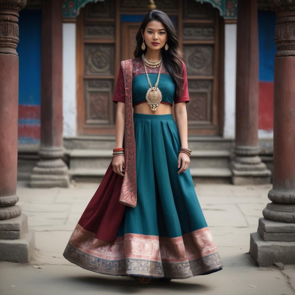 A stunning image of nepalese charm blending a modern dress with subtle himalayan cultural accents.