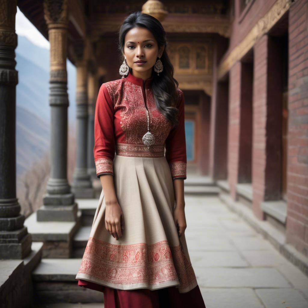 A stunning image of nepalese charm blending a modern dress with subtle himalayan cultural accents.