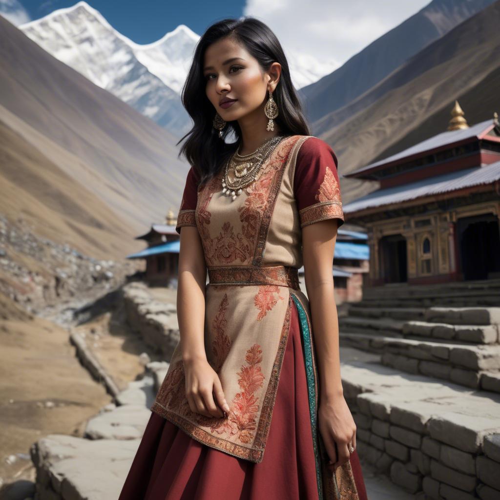 A stunning image of nepalese charm blending a modern dress with subtle himalayan cultural accents.